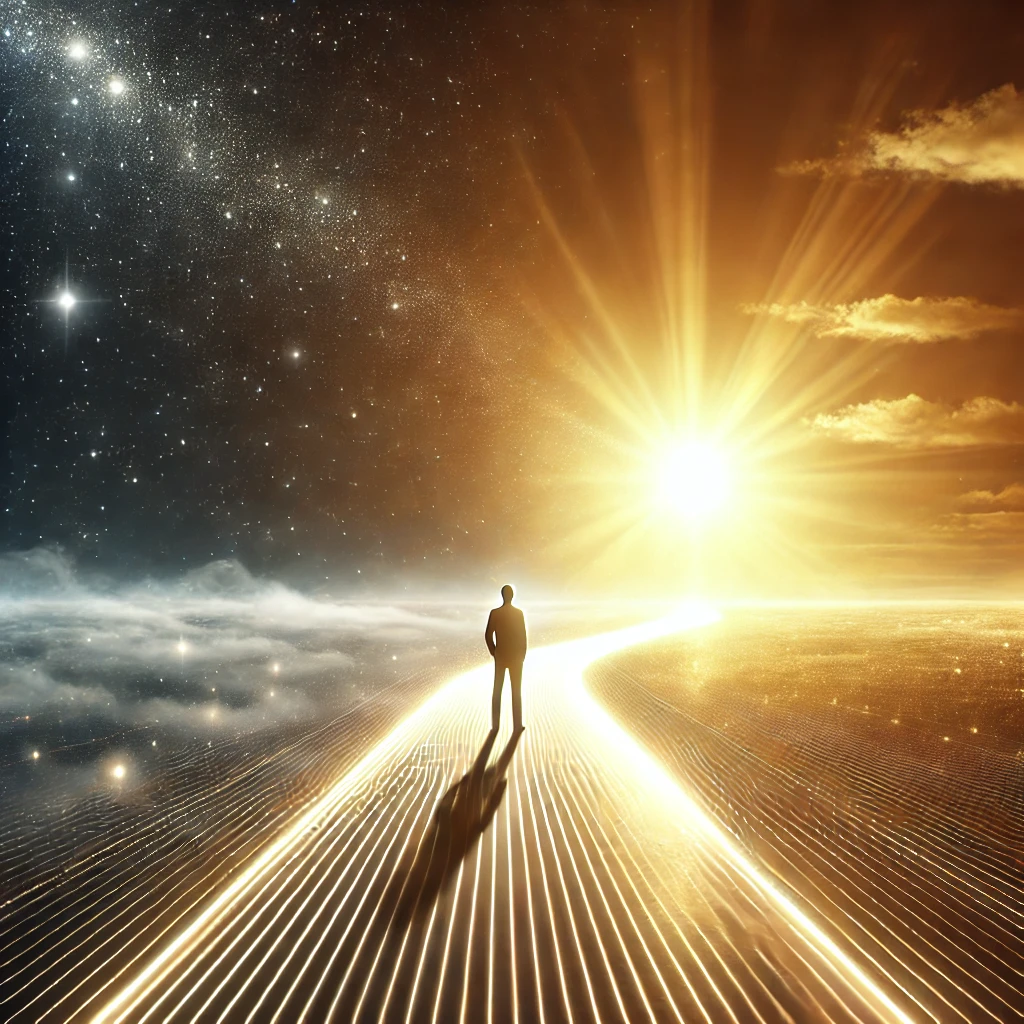 A person standing at the edge of a glowing pathway, transitioning from darkness to light, symbolizing self-discovery and transformation