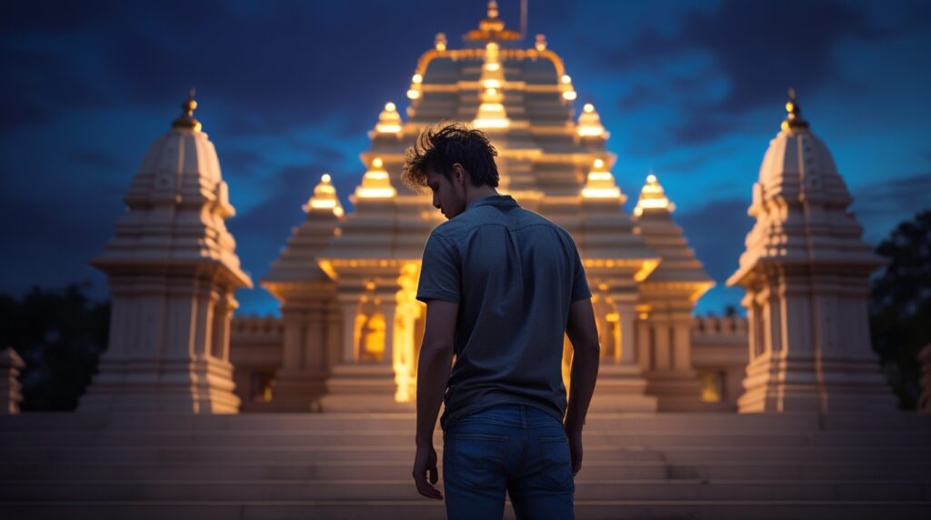 A man stands outside a beautifully lit Hindu temple at dusk, hesitating as he contemplates his faith