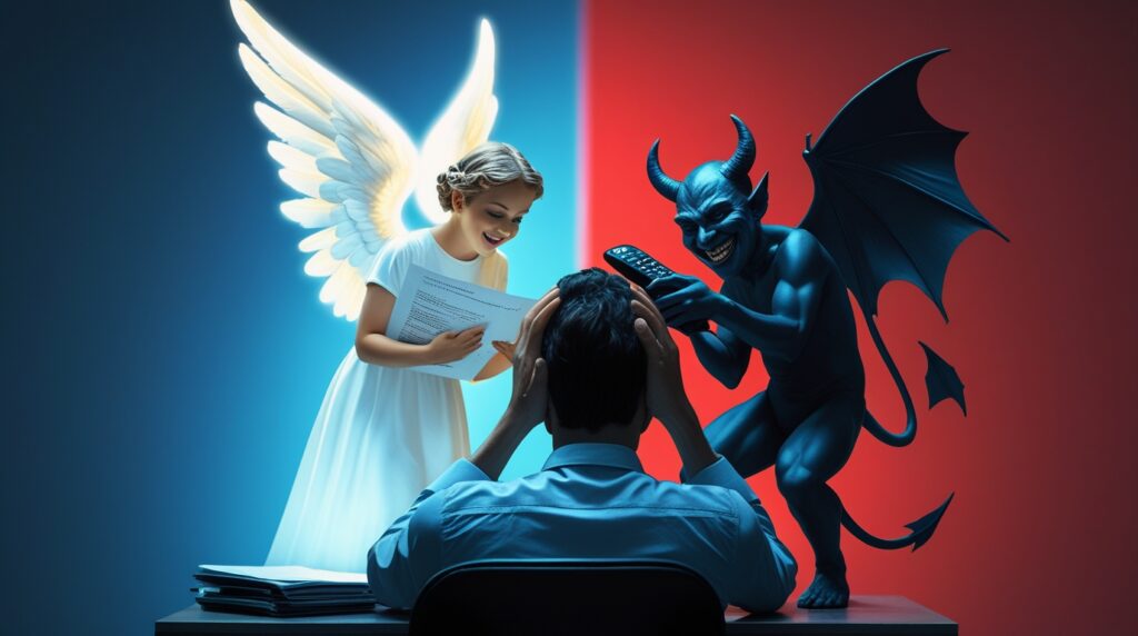 Surreal image of a person with an angel and devil on their shoulders, a YouTube thumbnail in the background, depicting why do we procrastinate in an internal struggle.