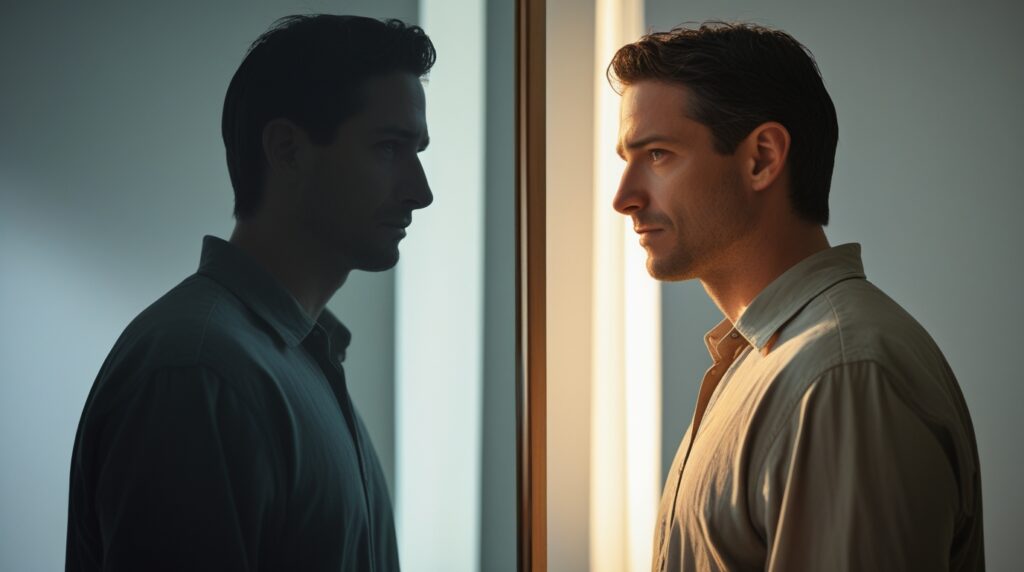 A man in his late 30s stands before a mirror, his face split between darkness and warm light, symbolizing his journey to lasting Sobriety