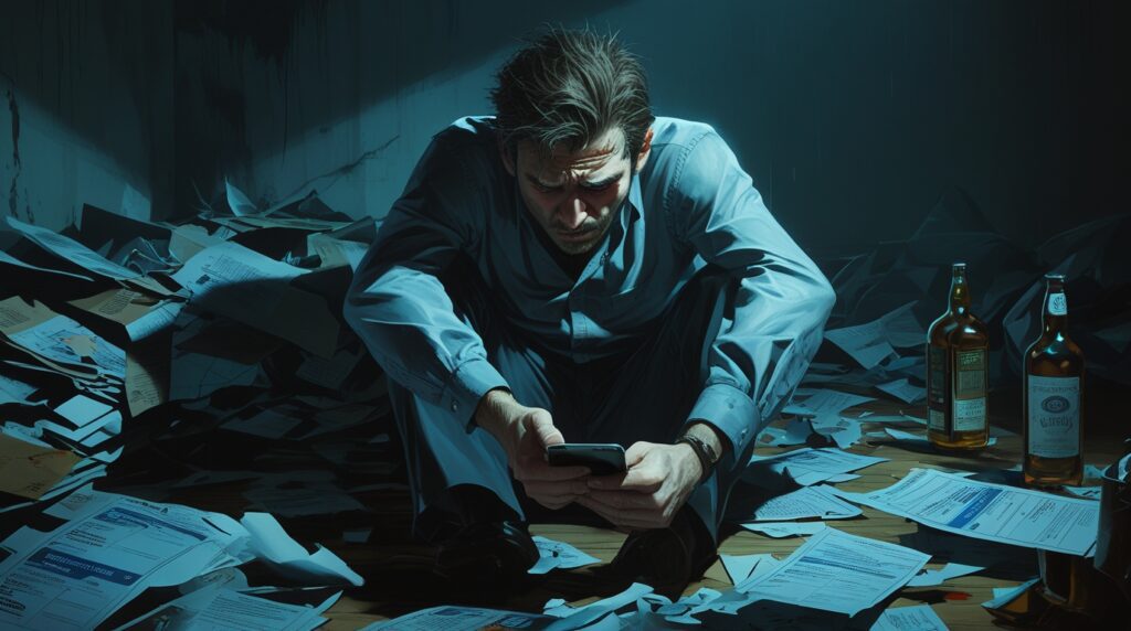 A man sits in a dark room, staring at his phone screen filled with unread messages about money and debt