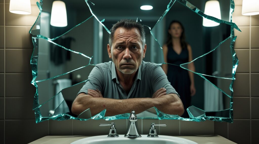 tired, middle-aged man grips a sink, staring into a cracked mirror. The broken shards reflect different phases of his past—his childhood, drinking habits, and a worried loved one—symbolizing self-reflection and regret