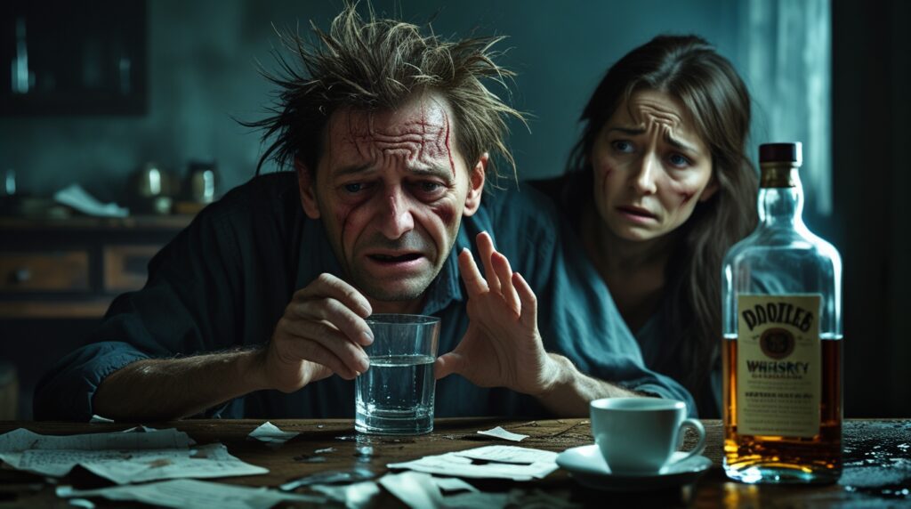 A man with shaking hands struggles to lift a glass of water while his wife watches with sadness