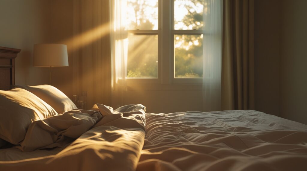A softly lit bedroom with sunlight streaming through a window, symbolizing the beginning of a sobriety journey after rehab