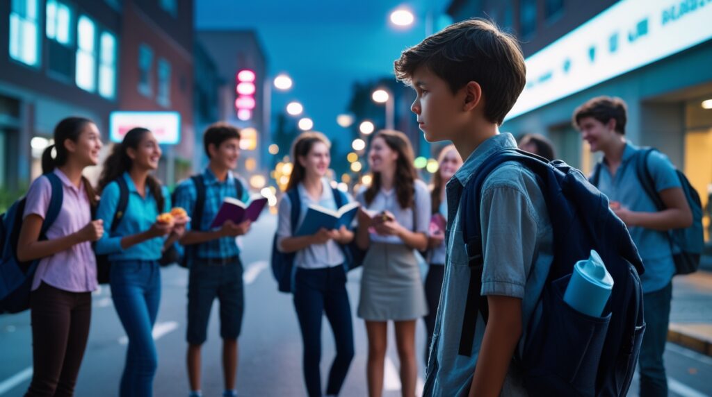 A teenage boy stands alone on a busy street, watching a group of college students laughing and chatting. His eyes reflect longing and sadness, symbolizing a childhood lost to responsibility