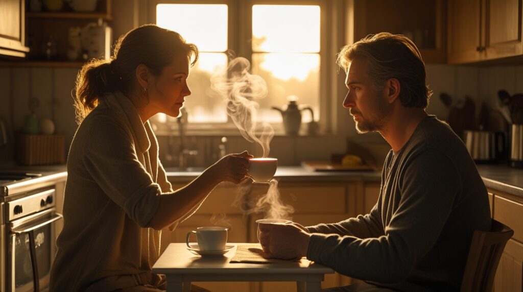 A concerned woman offering tea to a man at a small table in a modest kitchen, symbolizing a tender moment on the path to Sobriety
