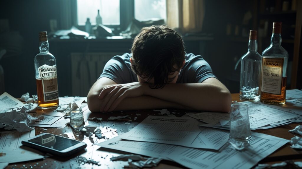 A young man slumps over a cluttered table covered with empty liquor bottles and crumpled documents. His face is hidden in his arms, symbolizing addiction, regret, and lost opportunities