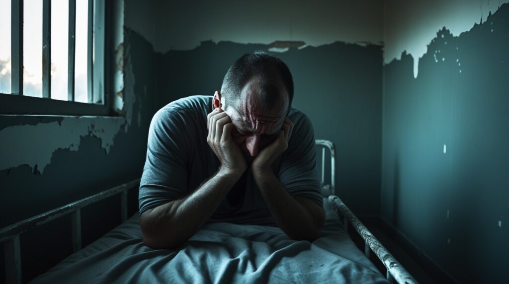 A man sitting on the edge of a rehab bed, holding his face in his hands, symbolizing struggle and self-reflection