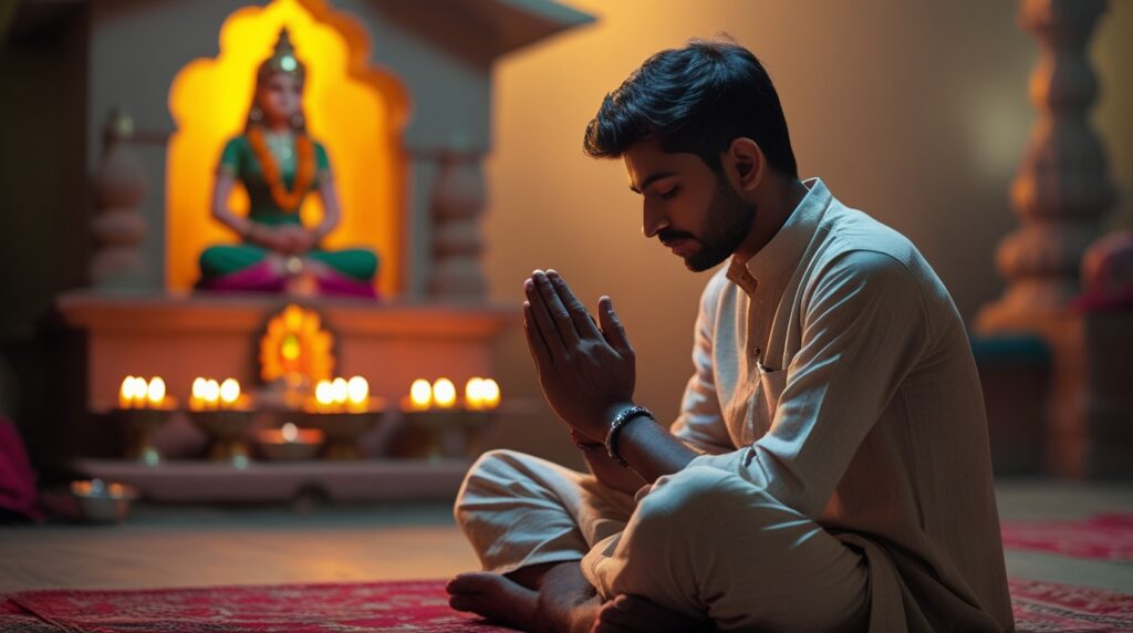 A young man in deep prayer before Maa Durga, illuminated by the soft glow of diyas, symbolizing faith, strength, and recovery