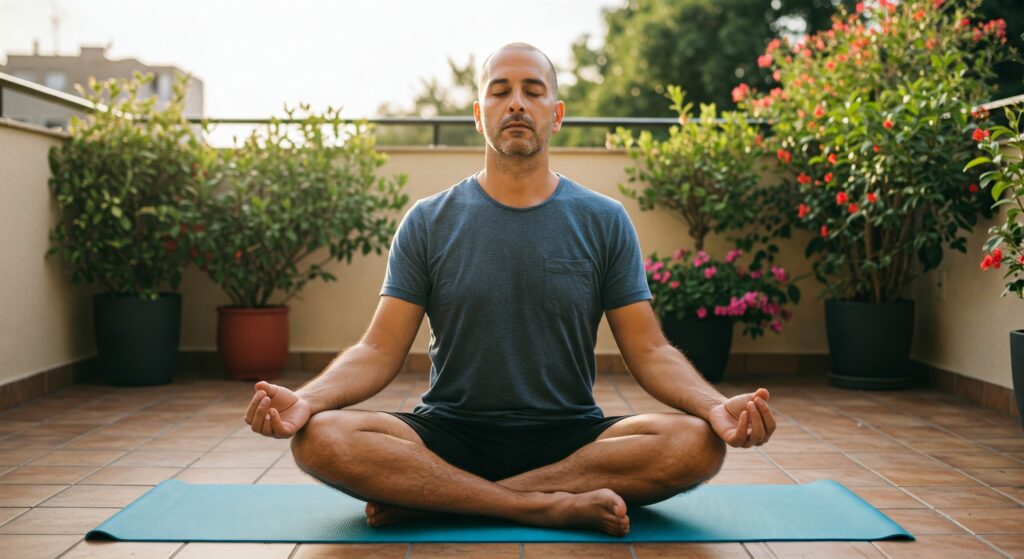 A man sitting in Padmasana, meditating with deep peace, symbolizing transformation through yoga for recovery