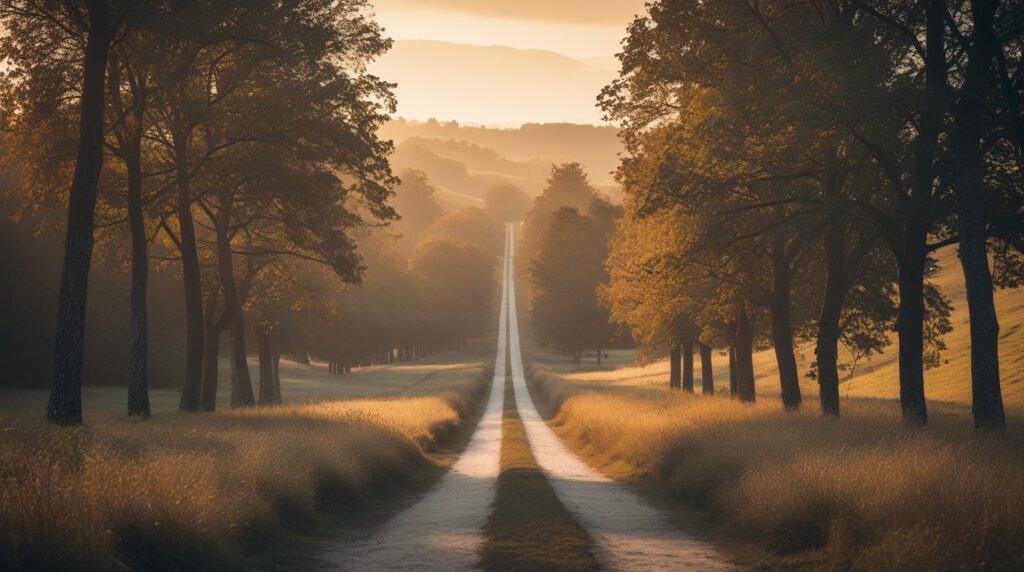 Winding path through a serene landscape, symbolizing the power of consistency in a personal journey.