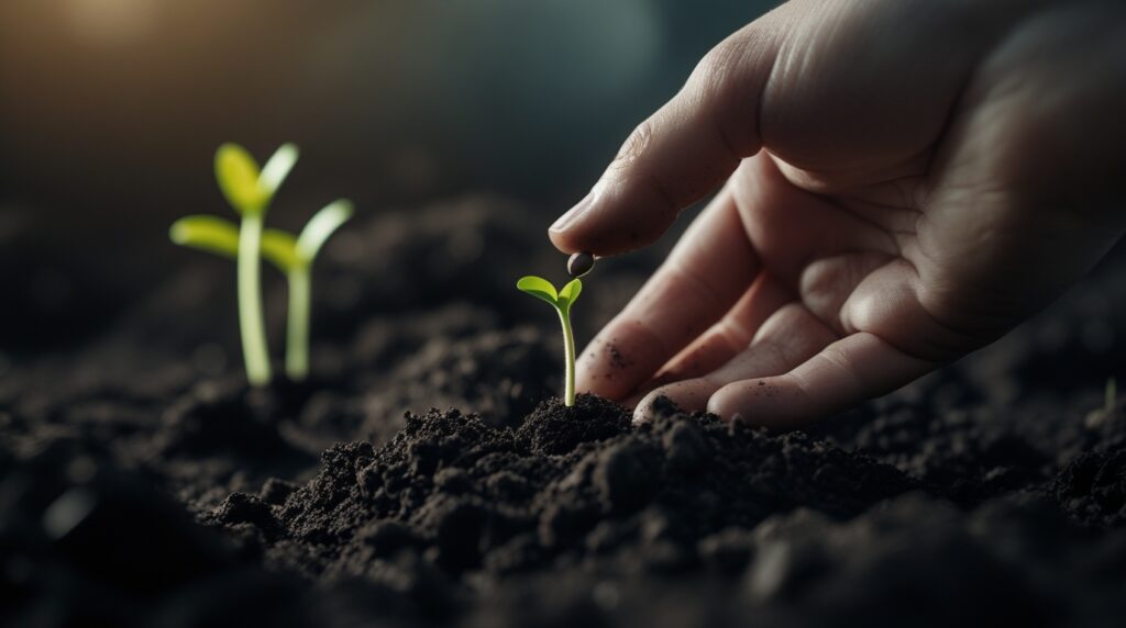 Hand planting a seed in soil with sprouts, representing the power of consistency in small beginnings.