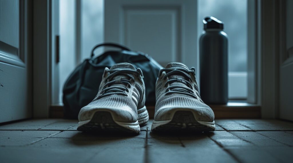 Pair of running shoes by a door, illustrating the power of consistency in daily commitment.