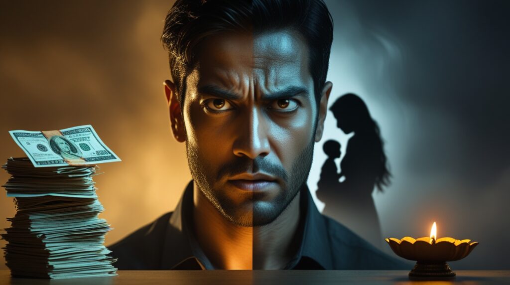 Man’s face half-lit, half-shadowed, with family silhouette and bills, showing pusillanimity’s struggle