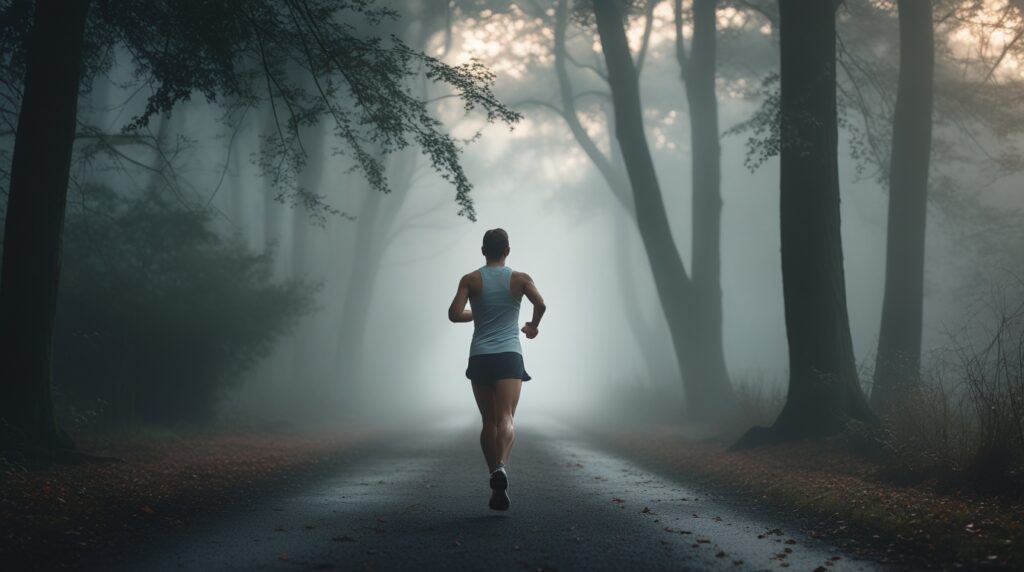A lone runner jogging through a misty forest path, embracing the meditative rhythm of running.