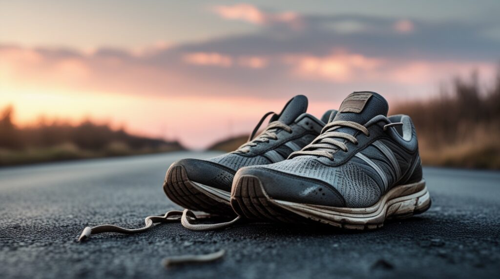 Worn-out running shoes on a quiet road at sunrise, symbolizing the start of a running journey.