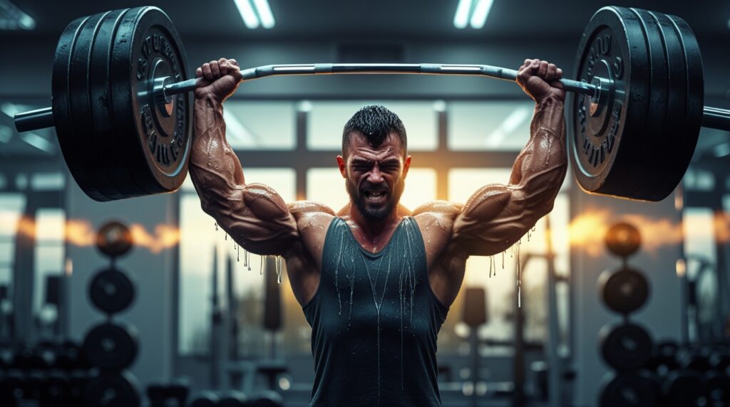 Person lifting barbell overhead in gym, embodying the power of consistency with sweat and determination.