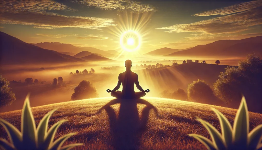 A serene digital artwork of a person practicing Yoga Pranayama at sunrise on a hilltop.