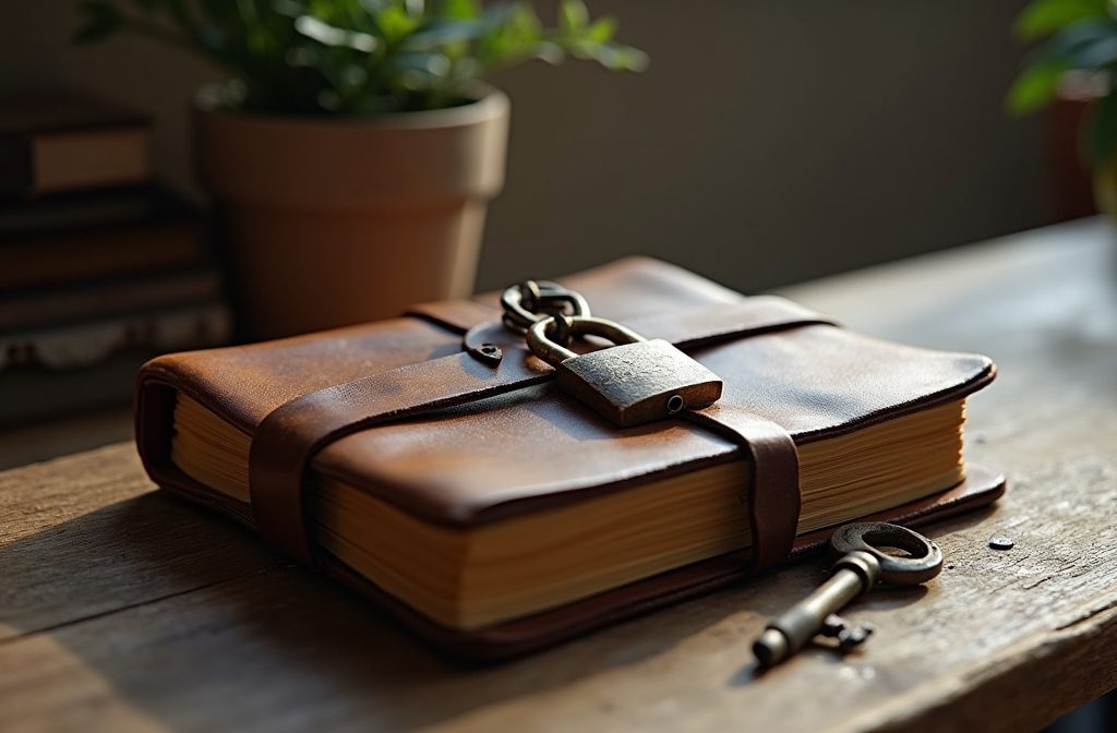 Weathered leather journal with a padlock and key on a desk, representing private goal-setting for personal growth.