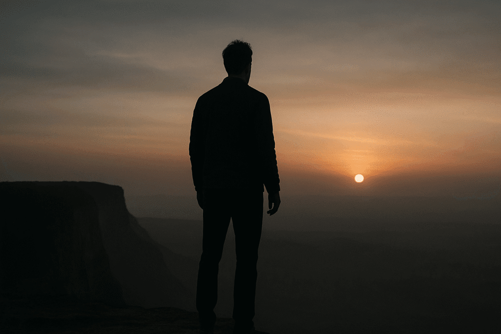 A man standing alone at the edge of a cliff, looking at the sunrise in a misty landscape.