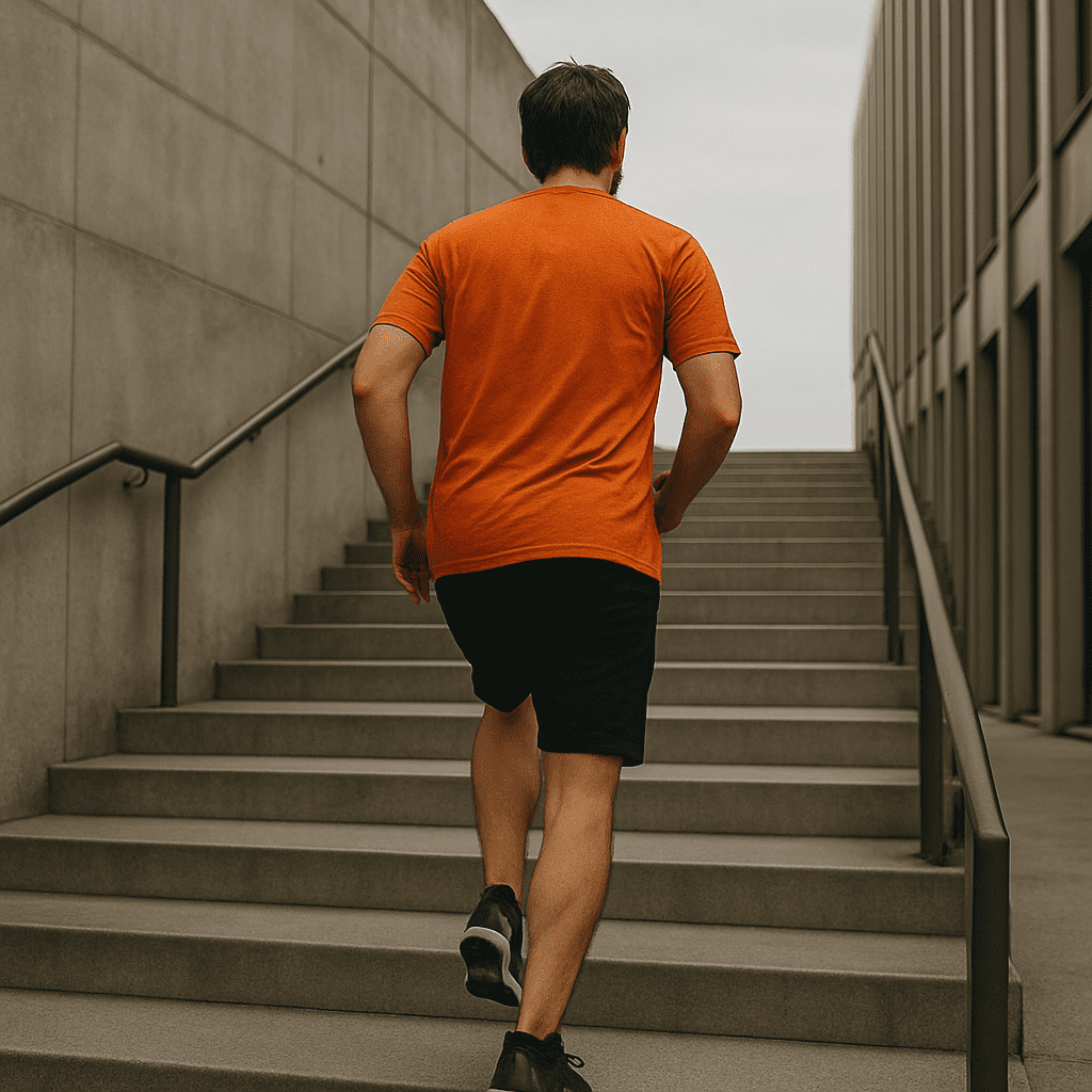 A man in an orange shirt and black shorts runs up an outdoor stairway, surrounded by urban architecture.